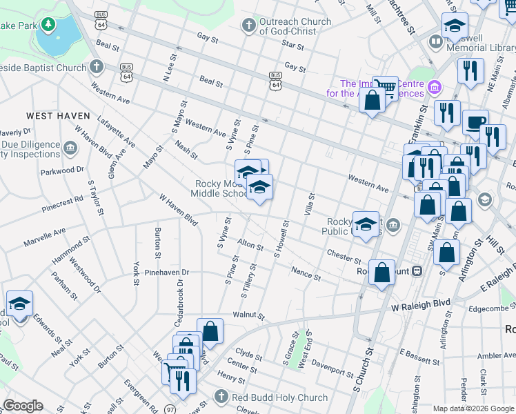 map of restaurants, bars, coffee shops, grocery stores, and more near 906 Hammond Street in Rocky Mount