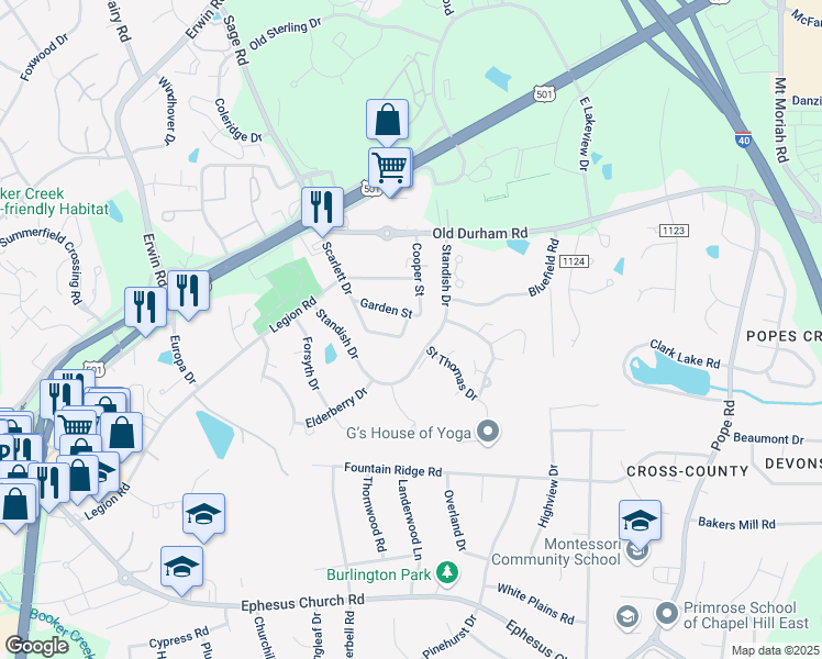 map of restaurants, bars, coffee shops, grocery stores, and more near 108 Garden Street in Chapel Hill