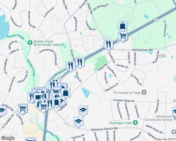 map of restaurants, bars, coffee shops, grocery stores, and more near 100 Formosa Lane in Chapel Hill