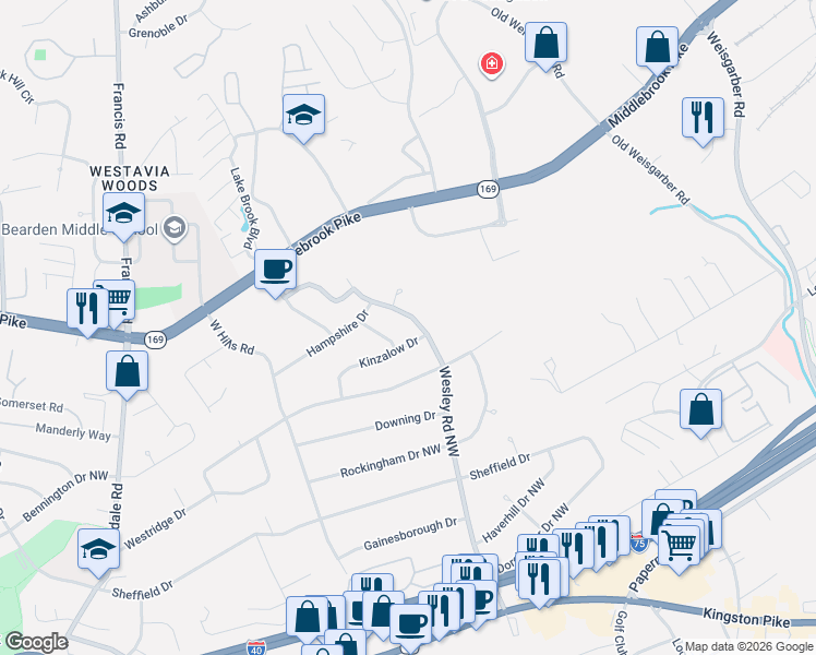 map of restaurants, bars, coffee shops, grocery stores, and more near 806 Wesley Road Northwest in Knoxville