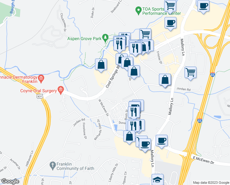map of restaurants, bars, coffee shops, grocery stores, and more near 314 Cool Springs Boulevard in Franklin
