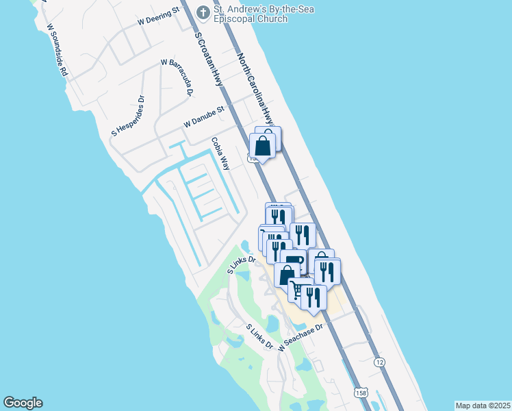 map of restaurants, bars, coffee shops, grocery stores, and more near 4728 Pompano Court in Nags Head