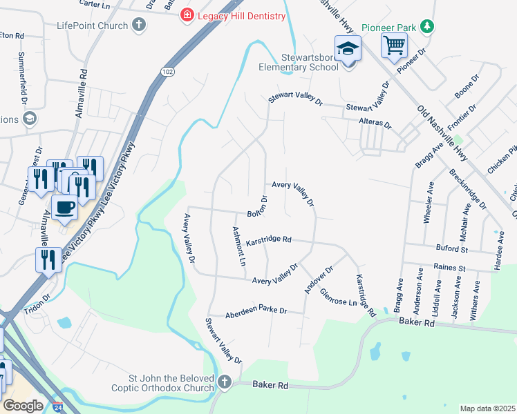 map of restaurants, bars, coffee shops, grocery stores, and more near 1209 Bolton Drive in Smyrna
