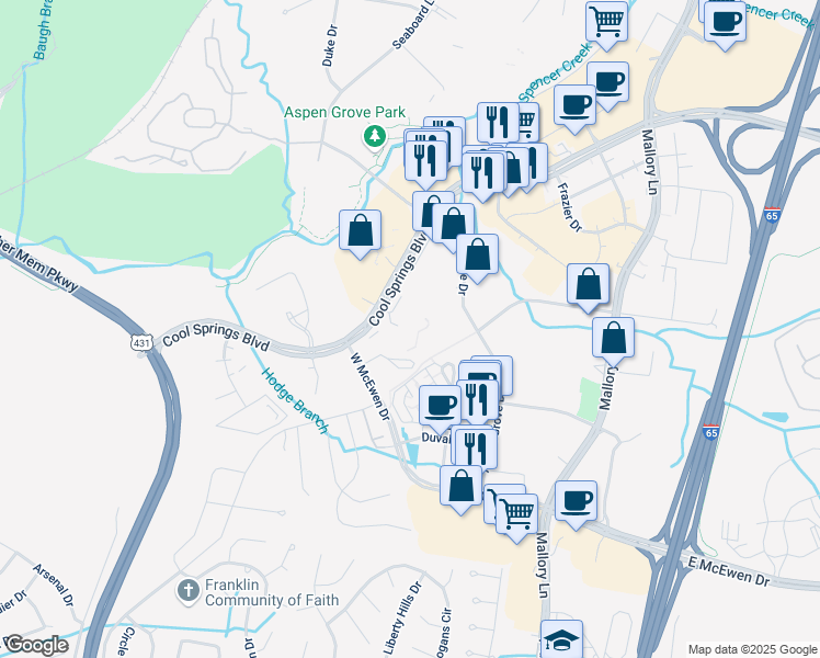 map of restaurants, bars, coffee shops, grocery stores, and more near 314 Cool Springs Boulevard in Franklin