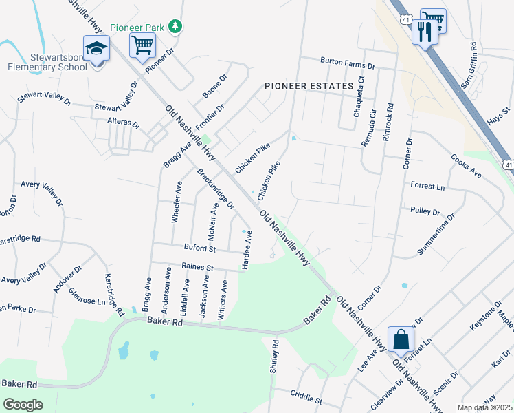 map of restaurants, bars, coffee shops, grocery stores, and more near Old Nashville Hwy & Chicken Pike in Smyrna