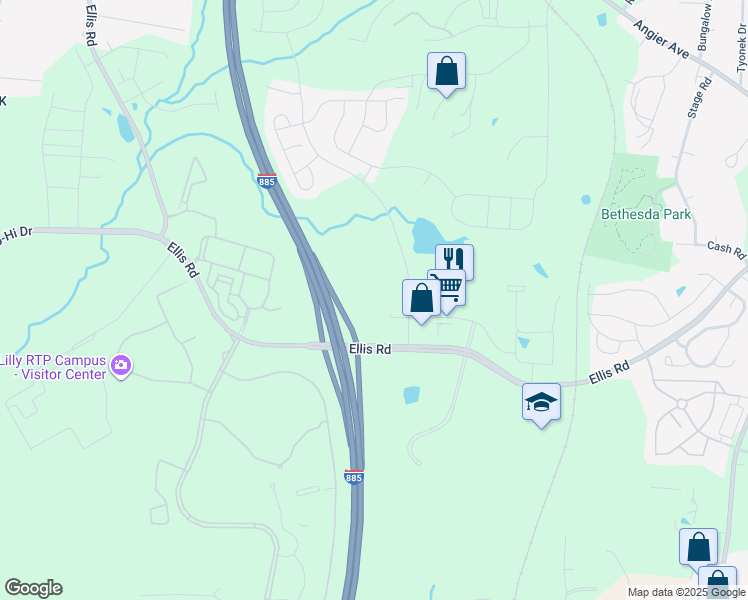 map of restaurants, bars, coffee shops, grocery stores, and more near 2109 Ellis Road in Durham