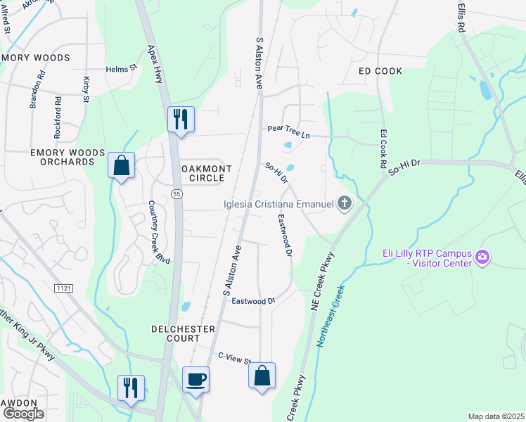 map of restaurants, bars, coffee shops, grocery stores, and more near 1807 Bradford Circle in Durham