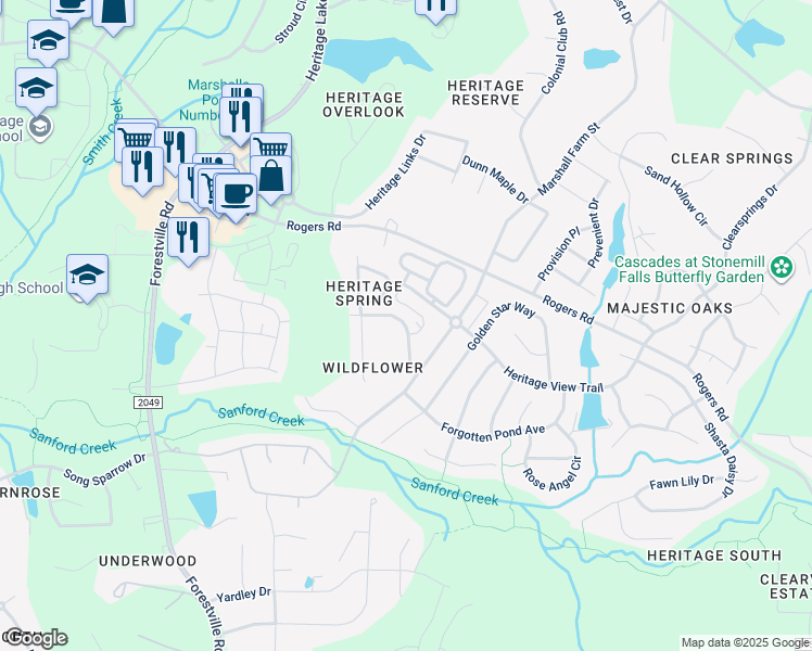 map of restaurants, bars, coffee shops, grocery stores, and more near 3823 Crimson Clover Avenue in Wake Forest