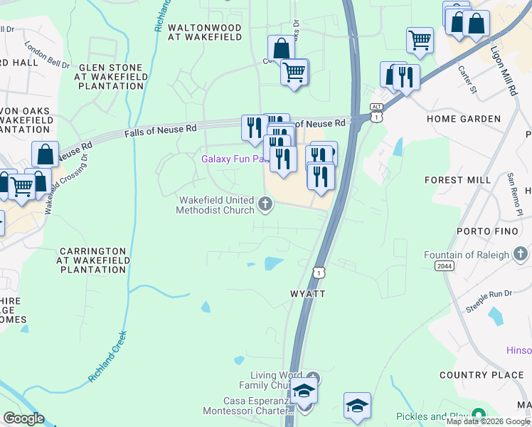 map of restaurants, bars, coffee shops, grocery stores, and more near 10701 Common Oaks Drive in Raleigh