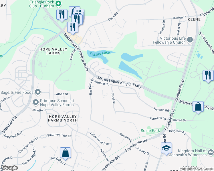 map of restaurants, bars, coffee shops, grocery stores, and more near 426 Hanson Road in Durham