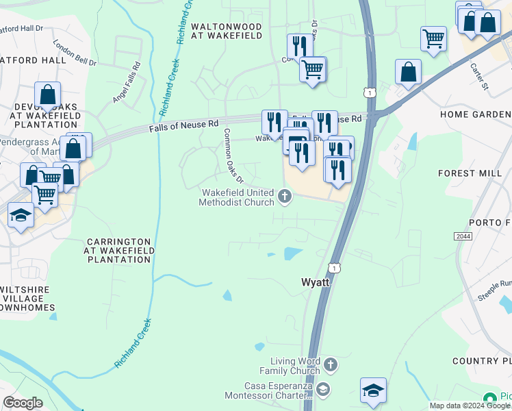 map of restaurants, bars, coffee shops, grocery stores, and more near 10711 Nickleby Way in Raleigh