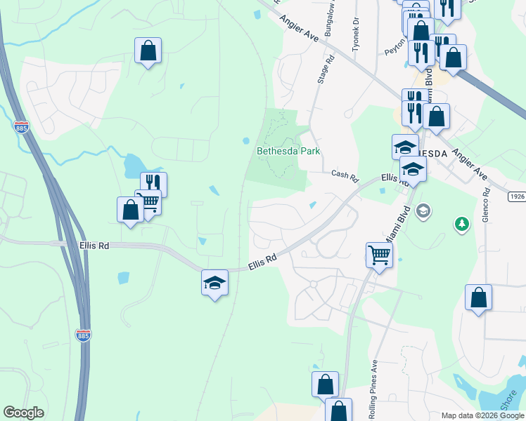 map of restaurants, bars, coffee shops, grocery stores, and more near 1031 Manorhaven Drive in Durham