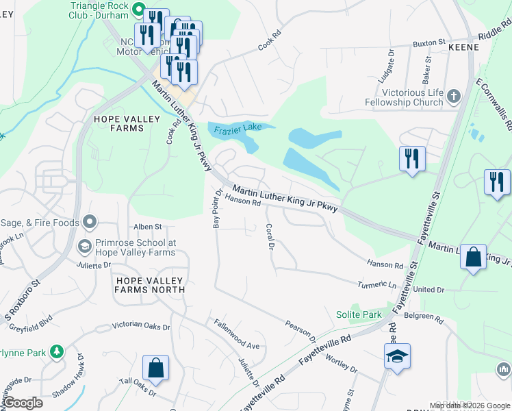 map of restaurants, bars, coffee shops, grocery stores, and more near 426 Hanson Road in Durham