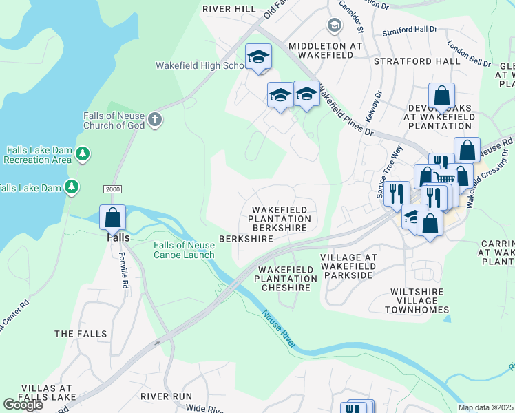 map of restaurants, bars, coffee shops, grocery stores, and more near 2112 Village Oaks Lane in Raleigh
