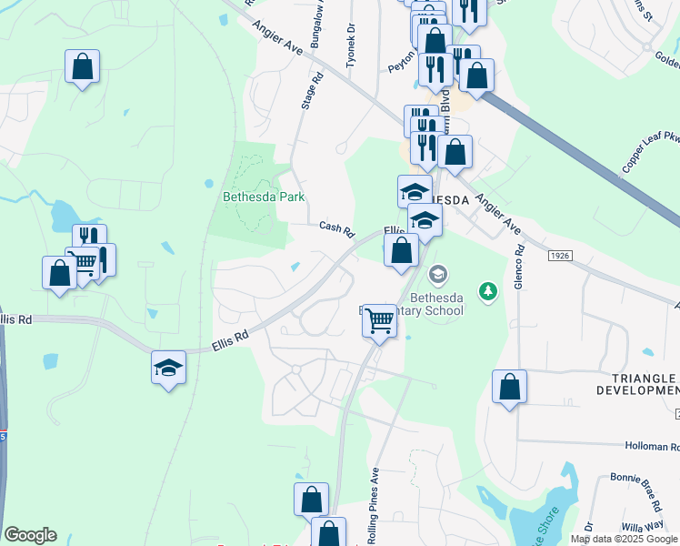 map of restaurants, bars, coffee shops, grocery stores, and more near 2 Suncrest Court in Durham