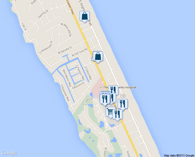 map of restaurants, bars, coffee shops, grocery stores, and more near 4728 Pompano Court in Nags Head
