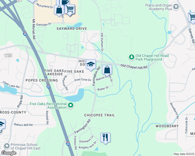 map of restaurants, bars, coffee shops, grocery stores, and more near 4135 Farrington Road in Durham