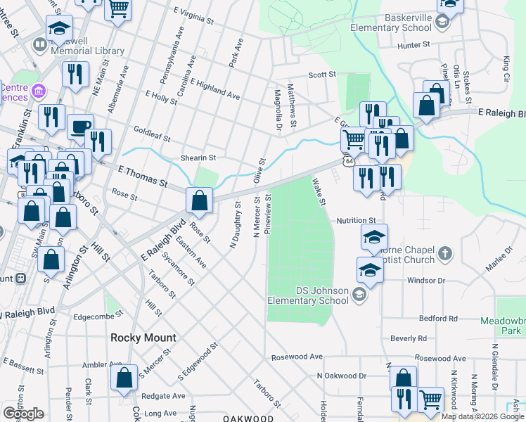 map of restaurants, bars, coffee shops, grocery stores, and more near 527-599 Pineview Street in Rocky Mount