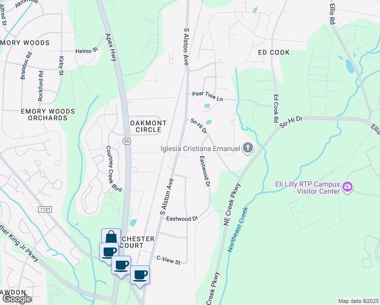 map of restaurants, bars, coffee shops, grocery stores, and more near 1807 Bradford Circle in Durham