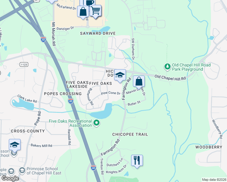 map of restaurants, bars, coffee shops, grocery stores, and more near 4912 Pine Cone Drive in Durham
