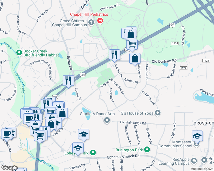 map of restaurants, bars, coffee shops, grocery stores, and more near in Chapel Hill
