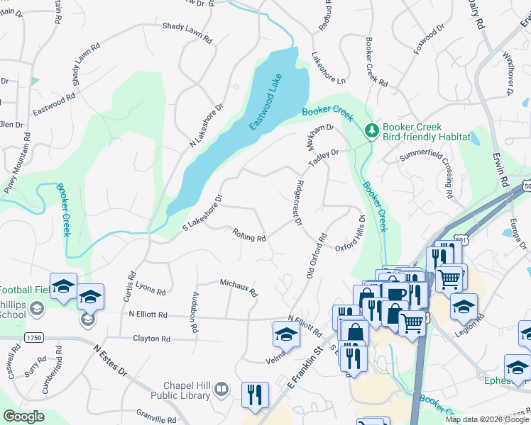 map of restaurants, bars, coffee shops, grocery stores, and more near 312 Woodhaven Road in Chapel Hill