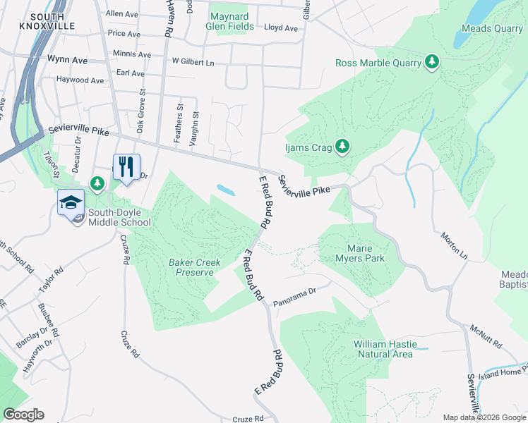 map of restaurants, bars, coffee shops, grocery stores, and more near 755 East Red Bud Road in Knoxville