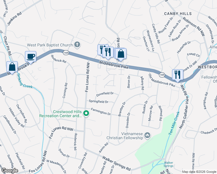 map of restaurants, bars, coffee shops, grocery stores, and more near 8653 Little Field Way in Knoxville