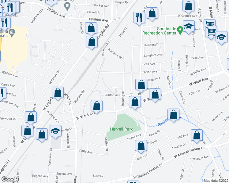 map of restaurants, bars, coffee shops, grocery stores, and more near 1230 Tank Court in High Point