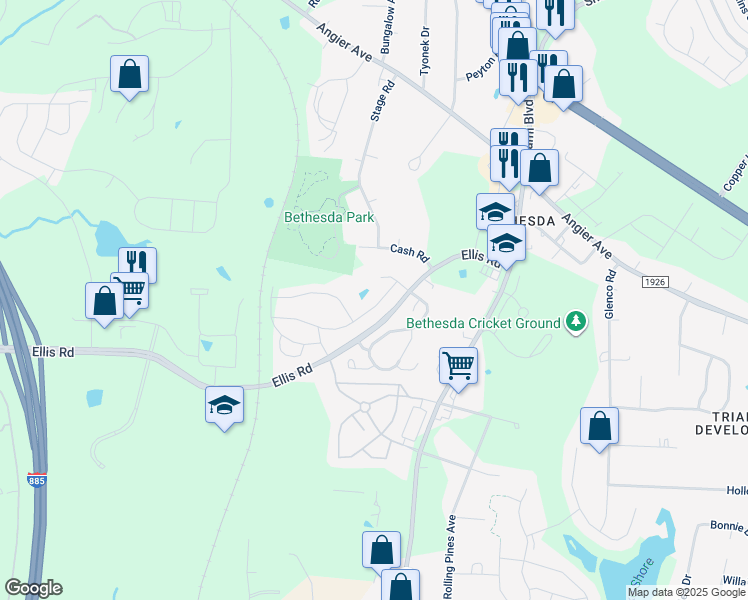 map of restaurants, bars, coffee shops, grocery stores, and more near 1233 Commack Drive in Durham