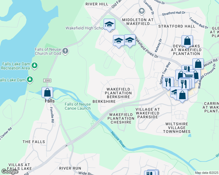 map of restaurants, bars, coffee shops, grocery stores, and more near 2112 Village Oaks Lane in Raleigh