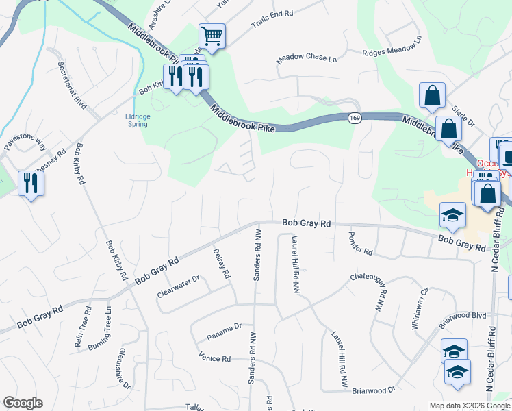 map of restaurants, bars, coffee shops, grocery stores, and more near 1225 Wilkinson Road in Knoxville