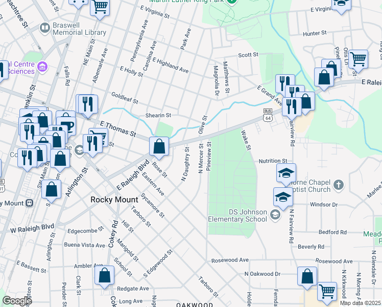 map of restaurants, bars, coffee shops, grocery stores, and more near 525 North Daughtry Street in Rocky Mount