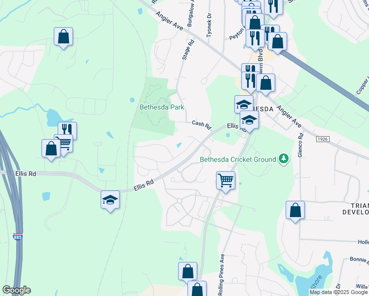 map of restaurants, bars, coffee shops, grocery stores, and more near 1233 Commack Drive in Durham