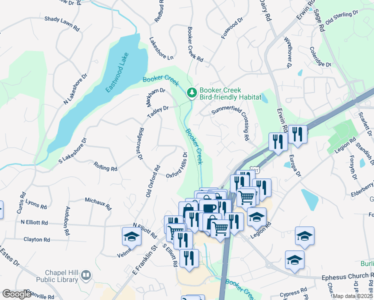 map of restaurants, bars, coffee shops, grocery stores, and more near 220 Oxford Hills Drive in Chapel Hill