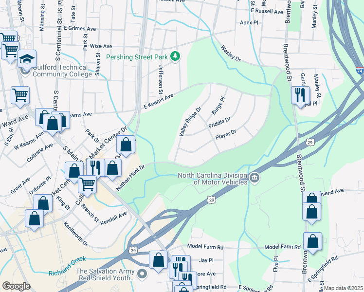 map of restaurants, bars, coffee shops, grocery stores, and more near 1607 Valley Ridge Drive in High Point