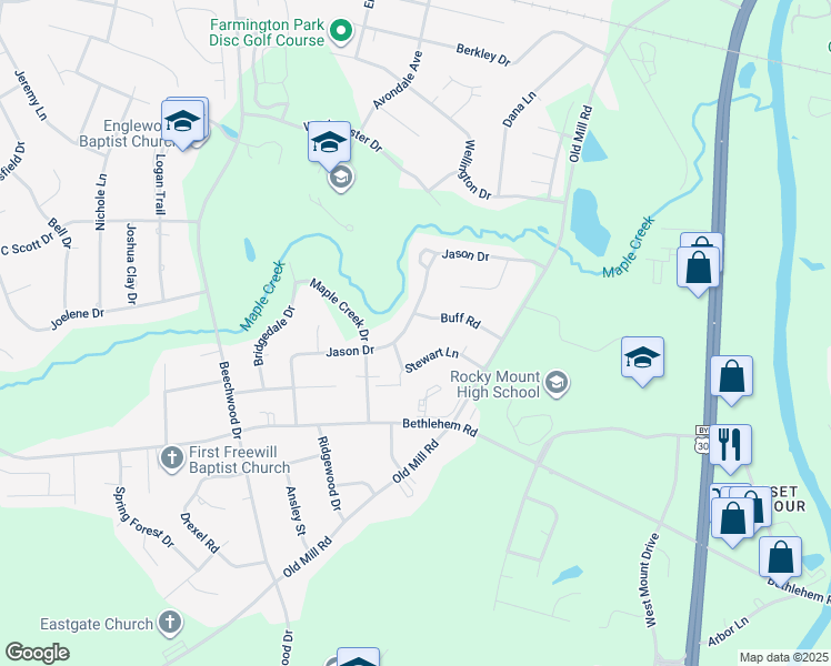 map of restaurants, bars, coffee shops, grocery stores, and more near 3005 Jason Drive in Rocky Mount
