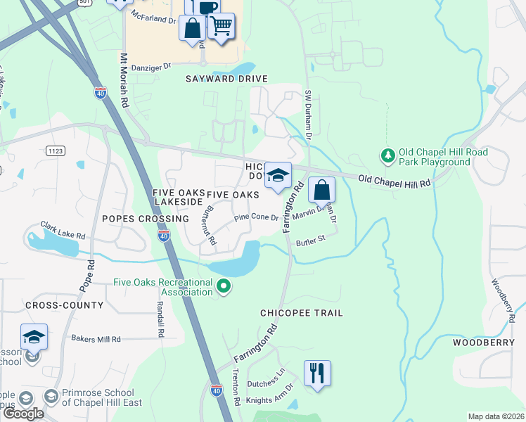 map of restaurants, bars, coffee shops, grocery stores, and more near 4912 Pine Cone Drive in Durham