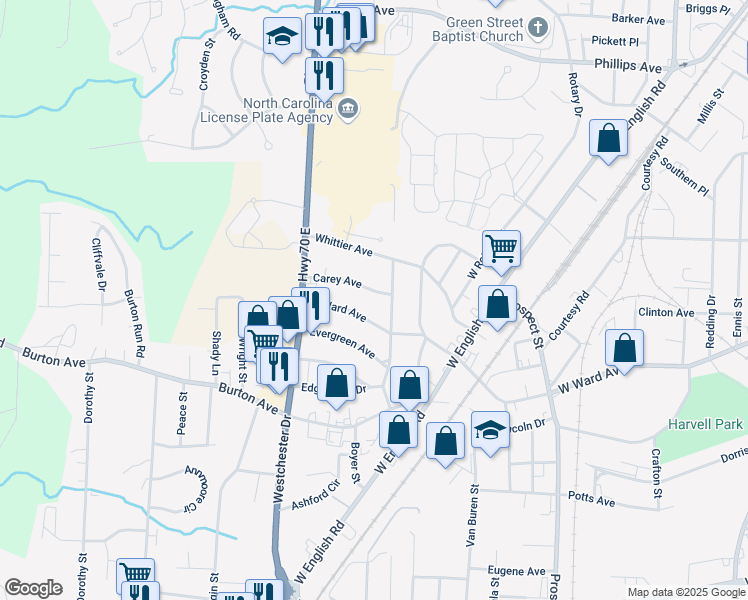 map of restaurants, bars, coffee shops, grocery stores, and more near 405 Carey Ave in High Point