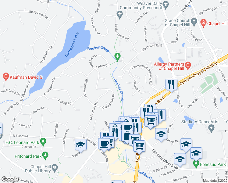 map of restaurants, bars, coffee shops, grocery stores, and more near 220 Oxford Hills Drive in Chapel Hill