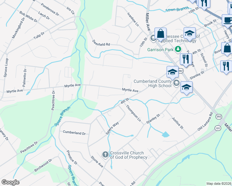 map of restaurants, bars, coffee shops, grocery stores, and more near 145 Lee Street in Crossville