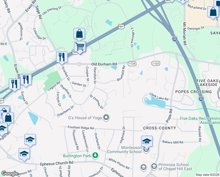 map of restaurants, bars, coffee shops, grocery stores, and more near 114 Duchess Lane in Chapel Hill
