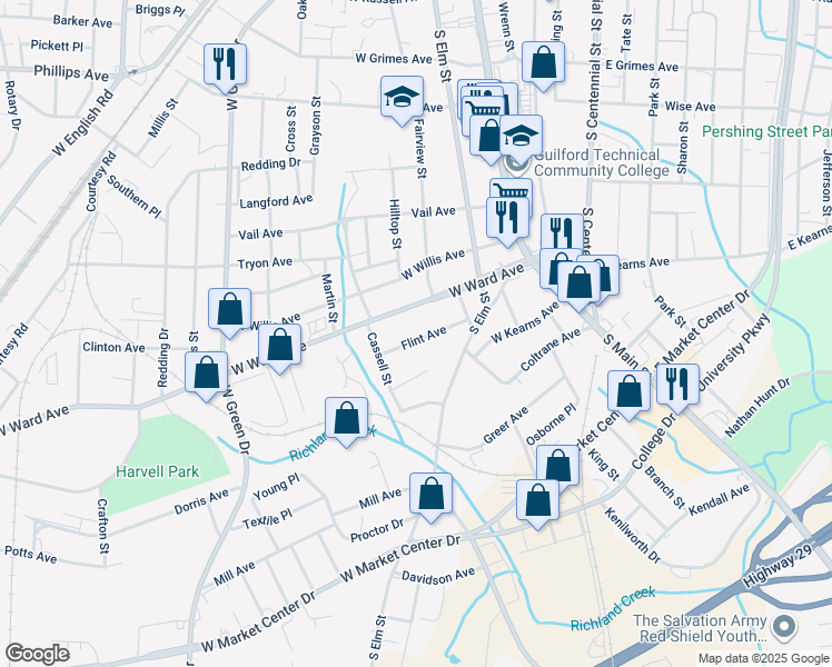 map of restaurants, bars, coffee shops, grocery stores, and more near 520 Flint Avenue in High Point