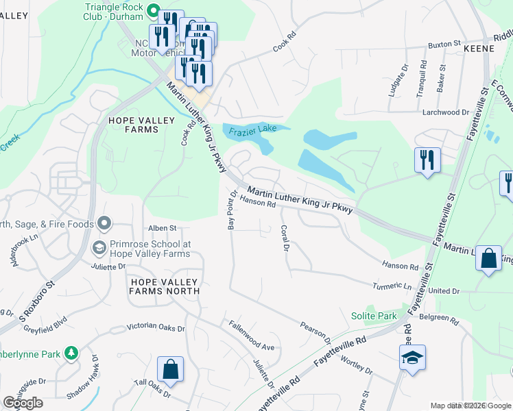 map of restaurants, bars, coffee shops, grocery stores, and more near 416 Hanson Road in Durham