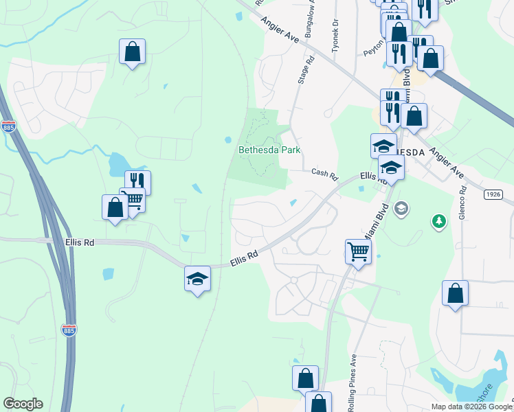 map of restaurants, bars, coffee shops, grocery stores, and more near 1031 Manorhaven Drive in Durham