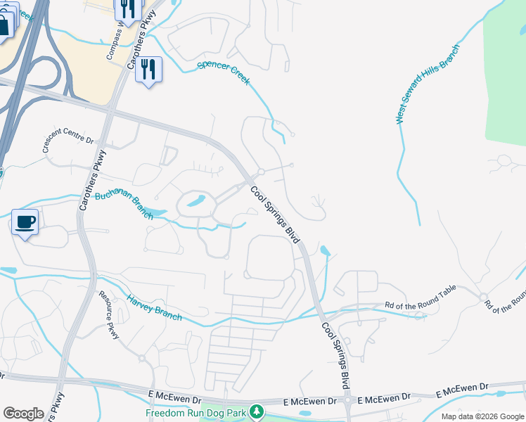 map of restaurants, bars, coffee shops, grocery stores, and more near 353 Canton Stone Drive in Franklin