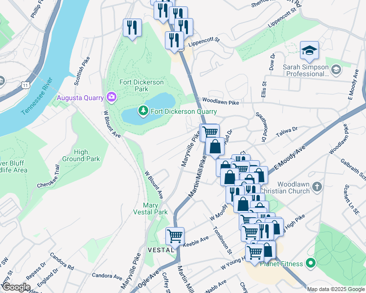 map of restaurants, bars, coffee shops, grocery stores, and more near 105 Henry Avenue in Knoxville