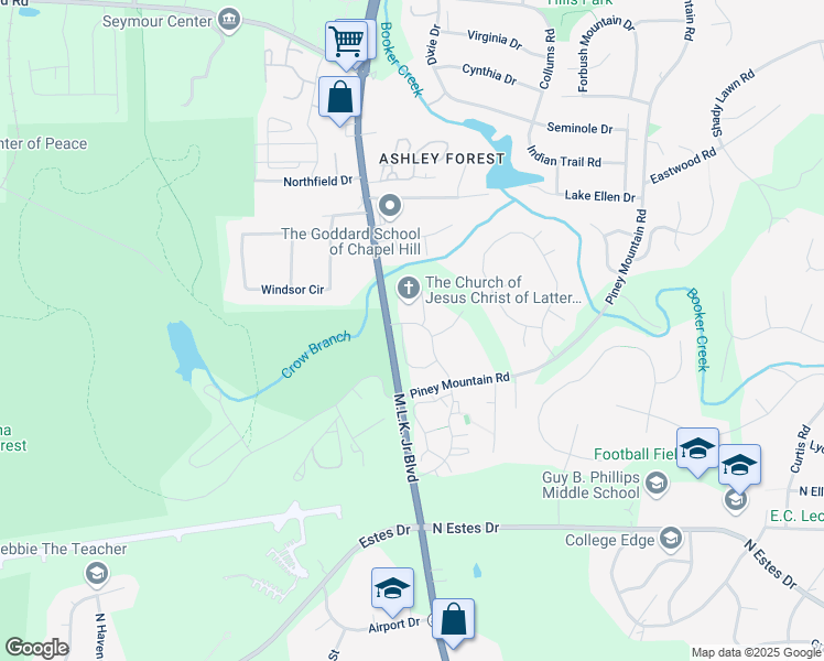 map of restaurants, bars, coffee shops, grocery stores, and more near 101 Timber Hollow Court in Chapel Hill