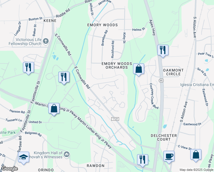 map of restaurants, bars, coffee shops, grocery stores, and more near 3501 Century Oaks Drive in Durham