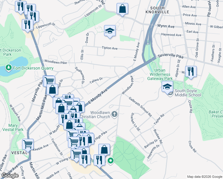map of restaurants, bars, coffee shops, grocery stores, and more near 510 East Moody Avenue in Knoxville